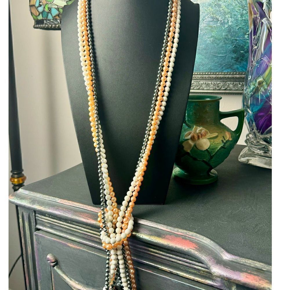 Vintage 3-strand, 3-color Beaded Necklace, Unmarked